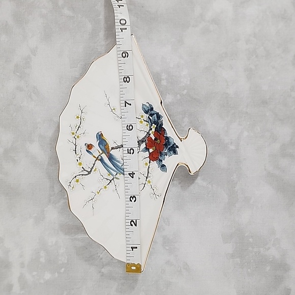 Vintage Ceramic Fan Dish with Birds & Cherry Blossoms from Japan - Picture 6 of 7